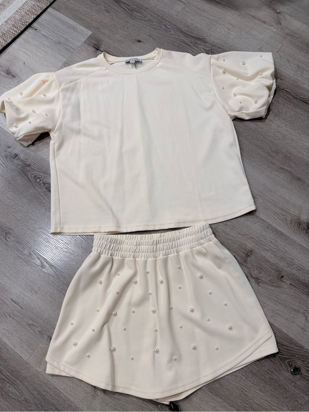 Pearl-Embellished Cream Two-Piece Skort Set